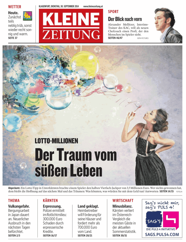 Titelseite der Kleinen Zeitung mit einer Frau, die Seifenblasen macht, und dem Titel „Der Traum vom süßen Leben“.