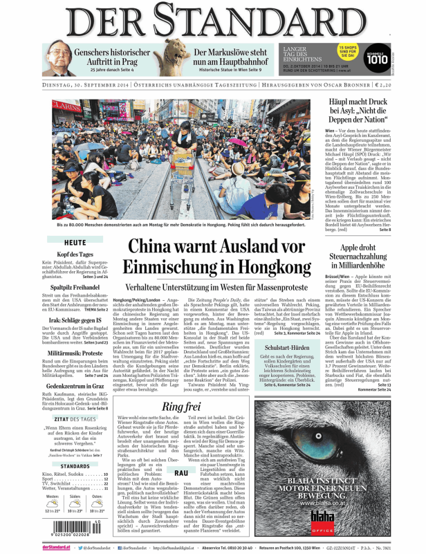 Titelseite der Zeitung Der Standard vom 30. September 2014 mit dem Titel „China warnt Ausland vor Einmischung in Hongkong“.