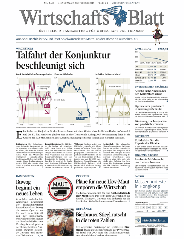 Titelseite des Wirtschaftsblatt vom 30. September 2014.