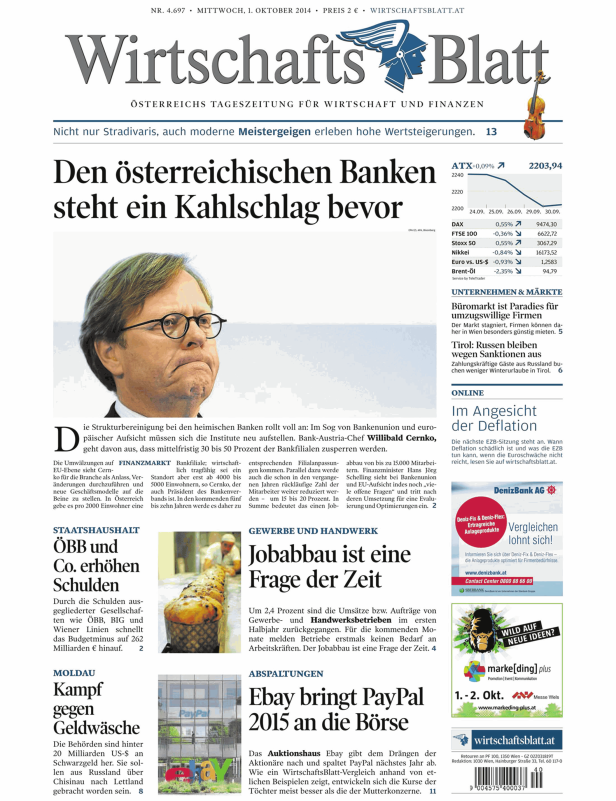 Titelseite des Wirtschaftsblatt vom 1. Oktober 2014.