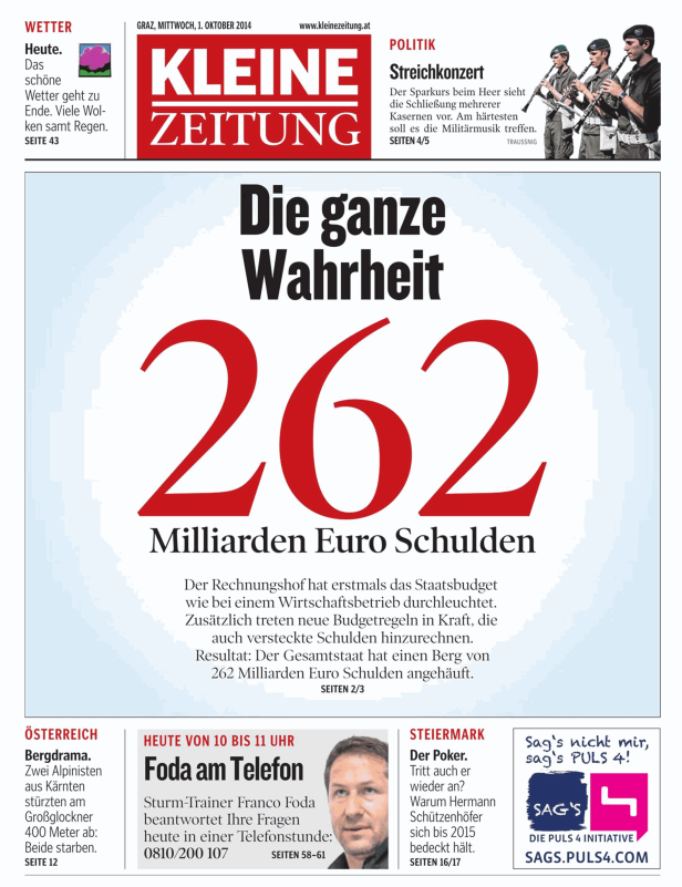 Titelseite der Kleinen Zeitung vom 1. Oktober 2014 mit der Schlagzeile „Die ganze Wahrheit: 262 Milliarden Euro Schulden“.