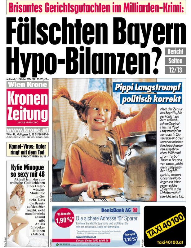 Titelseite der „Kronen Zeitung“ vom 1. Oktober 2014 mit einem Artikel über Pippi Langstrumpf.