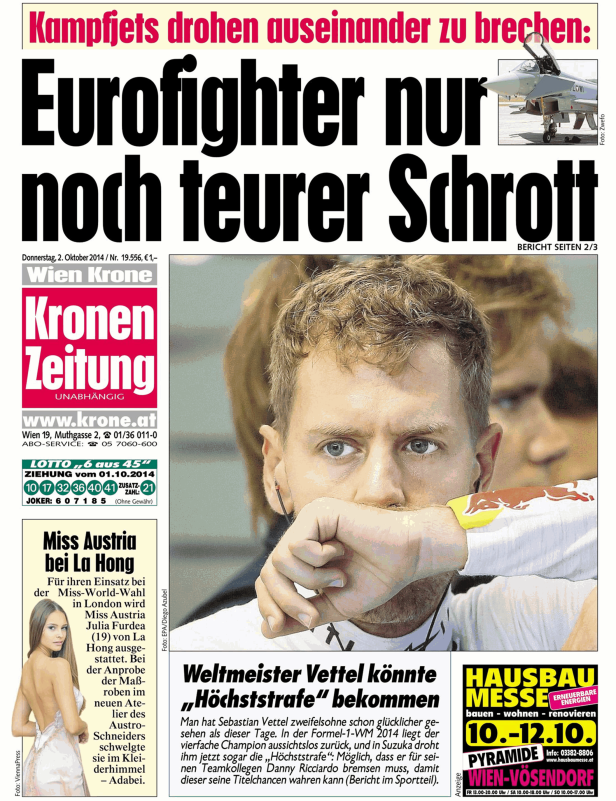 Titelseite der Kronen Zeitung vom 2. Oktober 2014 mit Artikeln über Eurofighter und Sebastian Vettel.