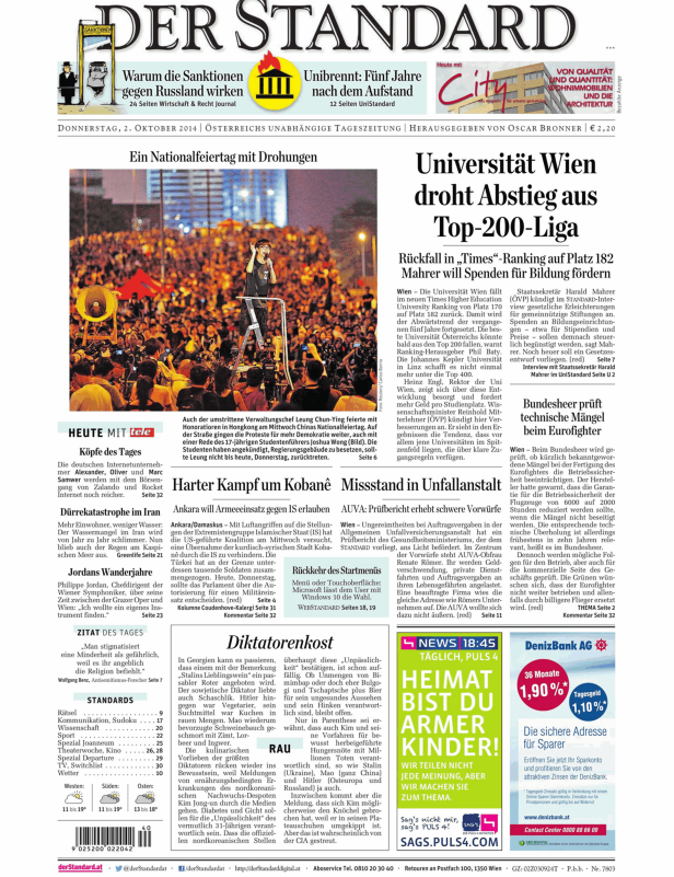 Titelseite der österreichischen Tageszeitung „Der Standard“ vom 2. Oktober 2014.