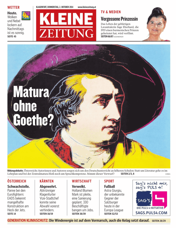 Titelseite der Kleinen Zeitung vom 2. Oktober 2014 mit der Frage „Matura ohne Goethe?“.