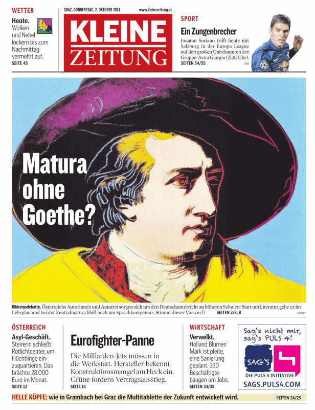 Titelseite der Kleinen Zeitung vom 2. Oktober 2014 mit einer Karikatur von Goethe.