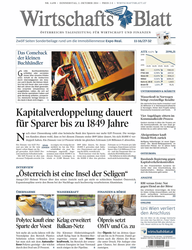 Titelseite des Wirtschaftsblatt vom 2. Oktober 2014.