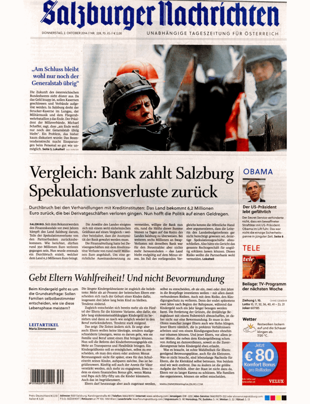 Titelseite der Salzburger Nachrichten vom 2. Oktober 2014.