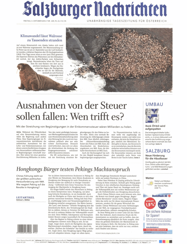 Ein Zeitungsartikel der „Salzburger Nachrichten“ vom 3. Oktober 2014 mit dem Titel „Klimawandel lässt Walrosse zu Tausenden stranden“.