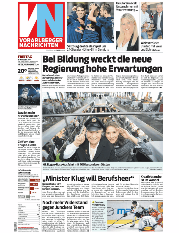 Titelseite der Vorarlberger Nachrichten vom 3. Oktober 2014.