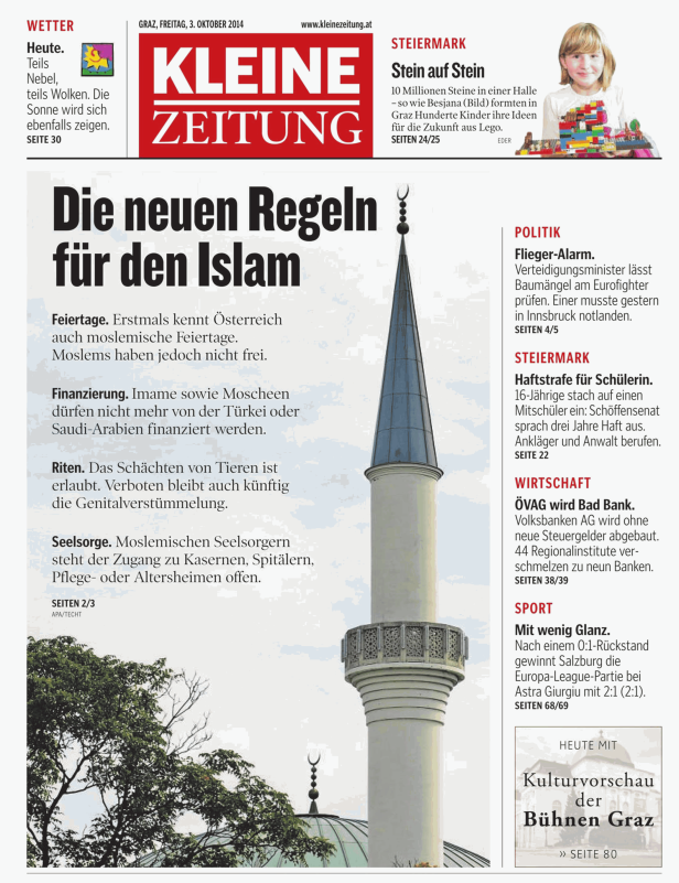 Ein Minarett vor dem Hintergrund eines Artikels über neue Regeln für den Islam.
