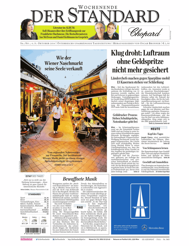 Titelseite der Zeitung „Der Standard“ vom 4./5. Oktober 2014 mit Artikeln zu verschiedenen Themen.