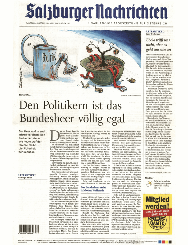 Karikatur in einer Zeitung zeigt eine Gießkanne mit der Aufschrift „Politik“ und einen Helm mit einer österreichischen Flagge.