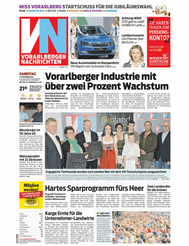 Titelseite der Vorarlberger Nachrichten vom 4. Oktober 2014.