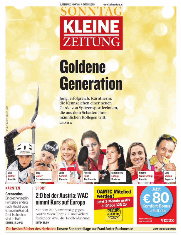 Titelseite der Kleinen Zeitung vom 5. Oktober 2014 mit dem Titel „Goldene Generation“ und Fotos von Sportlerinnen.