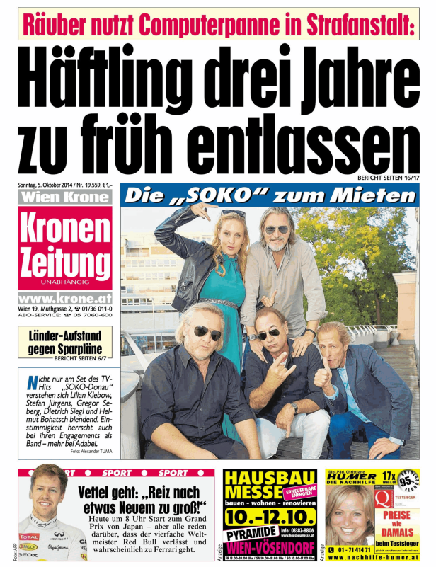 Titelseite der Kronen Zeitung vom 5. Oktober 2014 mit dem Titel „Häftling drei Jahre zu früh entlassen“.