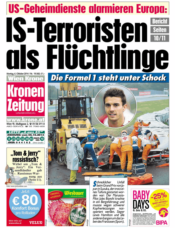 Titelseite der Kronen Zeitung vom 6. Oktober 2014 mit Berichten über Terrorismus und den Formel-1-Unfall von Jules Bianchi.
