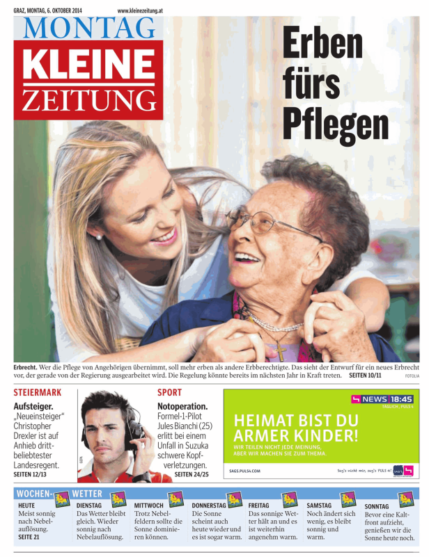 Eine junge Frau umarmt eine ältere Dame auf der Titelseite der „Kleinen Zeitung“.