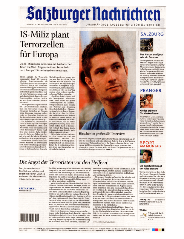 Titelseite der Salzburger Nachrichten vom 6. Oktober 2014: IS-Miliz plant Terrorzellen für Europa.