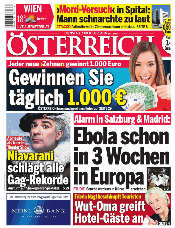 Titelseite der Zeitung „Österreich“ vom 7. Oktober 2014 mit Schlagzeilen zu Ebola, einem Mordversuch und Niavaranis Theaterstück.