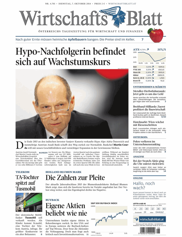 Titelseite des Wirtschaftsblatt vom 7. Oktober 2014.