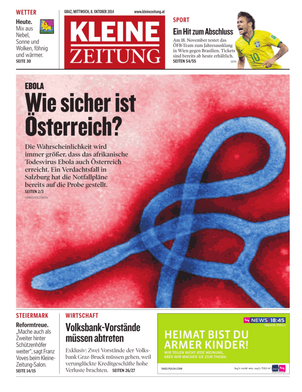 Titelseite der Kleinen Zeitung vom 8. Oktober 2014 mit dem Thema Ebola.