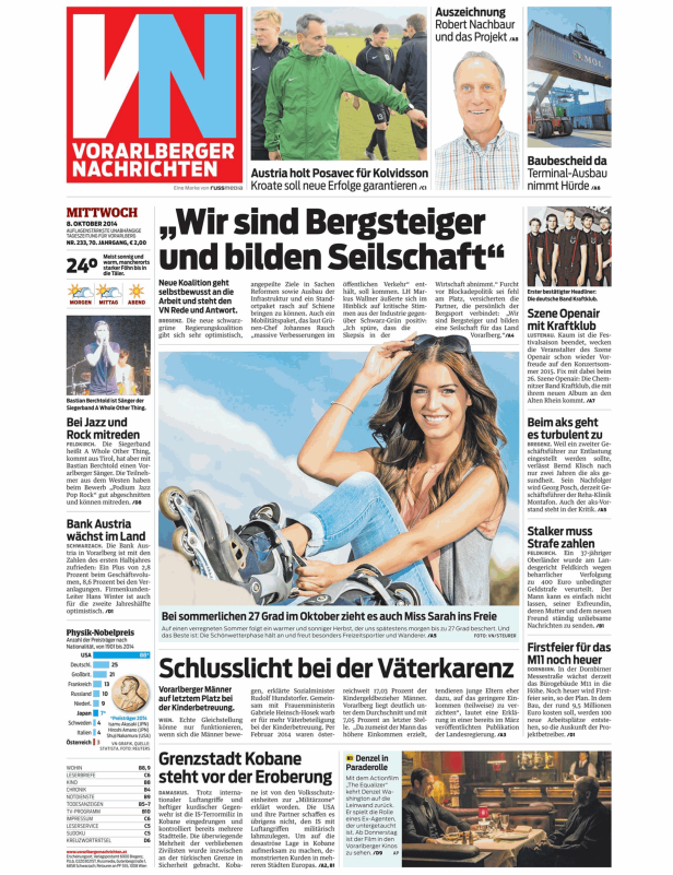 Titelseite der Vorarlberger Nachrichten vom 8. Oktober 2014.