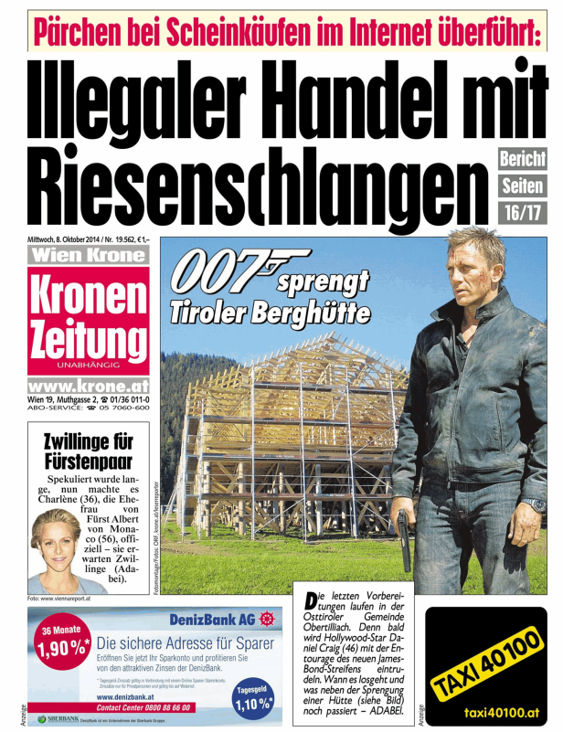 Titelseite der „Kronen Zeitung“ vom 8. Oktober 2014 mit Artikeln über illegalen Handel mit Riesenschlangen und Dreharbeiten zu einem James-Bond-Film.