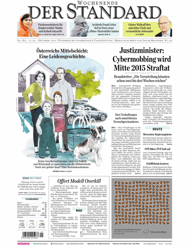 Titelseite der Zeitung „Der Standard“ vom 11./12. Oktober 2014.