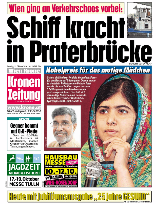 Titelseite der Kronen Zeitung vom 11. Oktober 2014 mit einem Artikel über die Nobelpreisträgerin Malala Yousafzai.