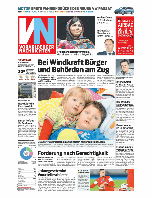 Titelseite der Vorarlberger Nachrichten mit Artikeln zu verschiedenen Themen.