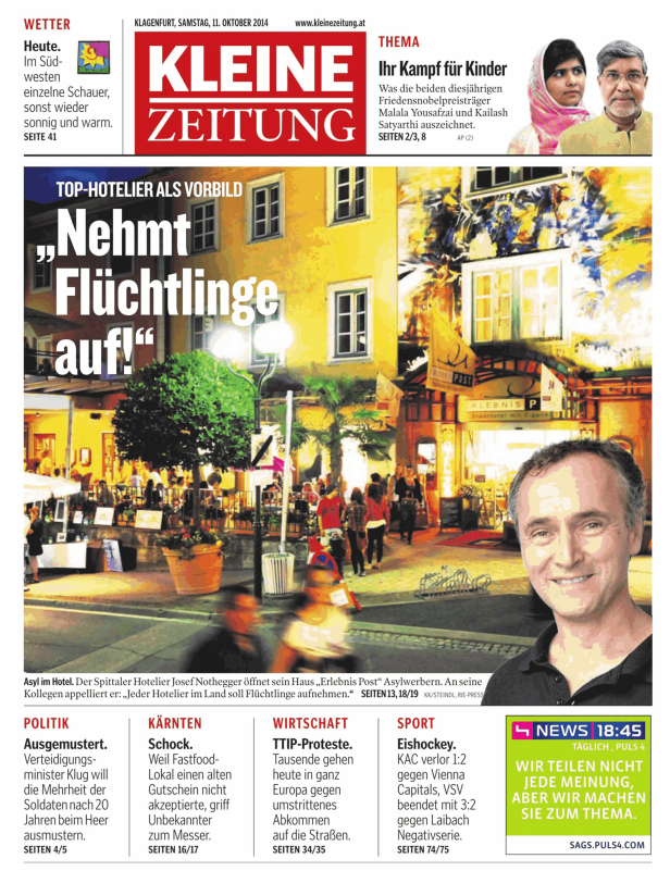 Titelseite der Kleinen Zeitung vom 11. Oktober 2014 mit dem Aufruf zur Aufnahme von Flüchtlingen.