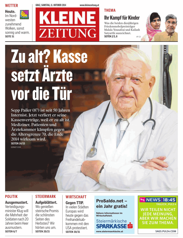 Titelseite der Kleinen Zeitung vom 11. Oktober 2014 mit einem Artikel über den Internisten Sepp Pailer.