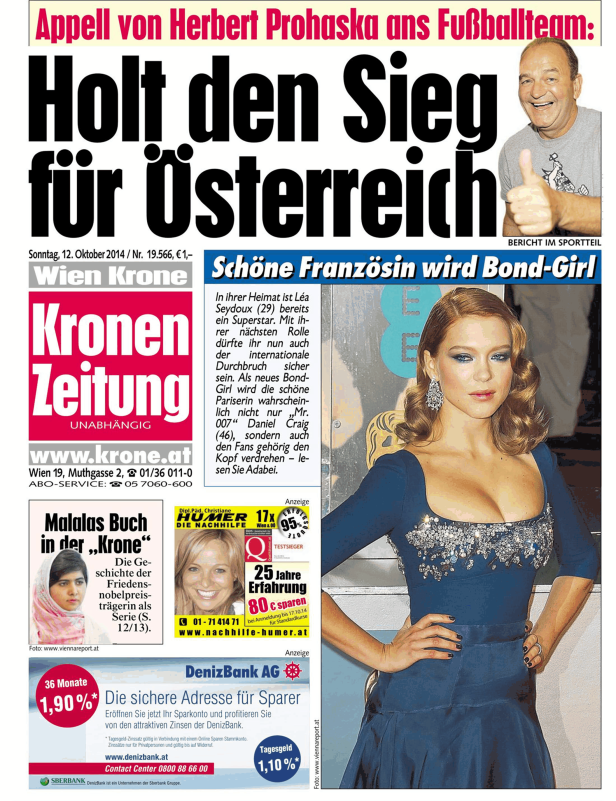 Titelseite der „Kronen Zeitung“ vom 12. Oktober 2014 mit einem Artikel über Léa Seydoux als Bond-Girl.