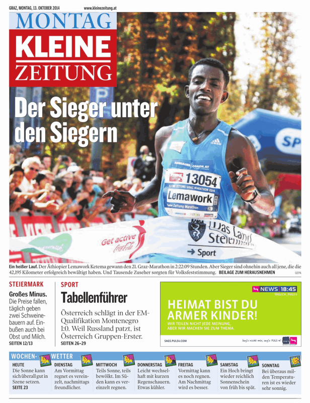 Der äthiopische Läufer Lemawork Ketema gewinnt den Graz-Marathon 2014.