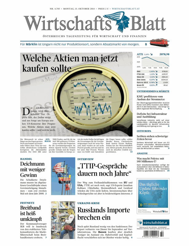 Titelseite des WirtschaftsBlatt vom 13. Oktober 2014 mit Artikeln zu Wirtschaft und Finanzen.