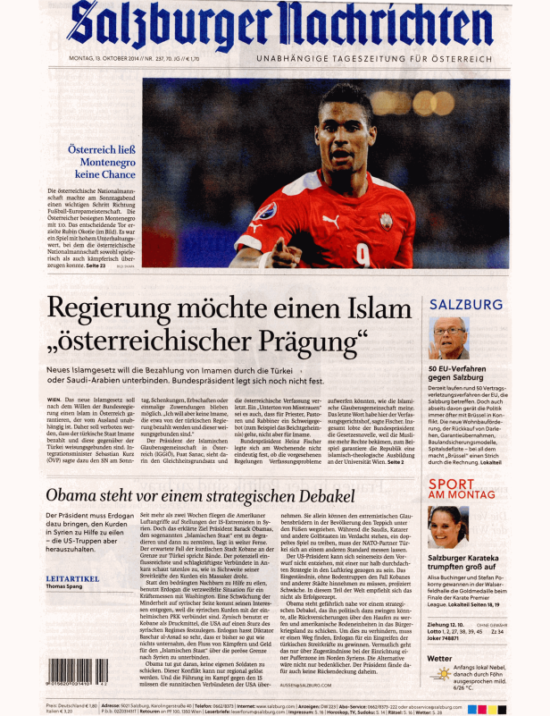 Titelseite der Salzburger Nachrichten vom 13. Oktober 2014.