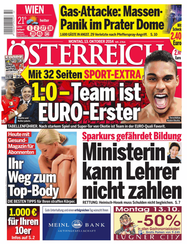 Titelseite der Zeitung „Österreich“ vom 13. Oktober 2014 mit Schlagzeilen zu Sport, Gesundheit und Politik.