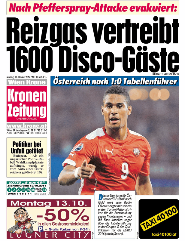 Titelseite der Kronen Zeitung mit einem Foto des Fußballspielers Rubin Okotie.