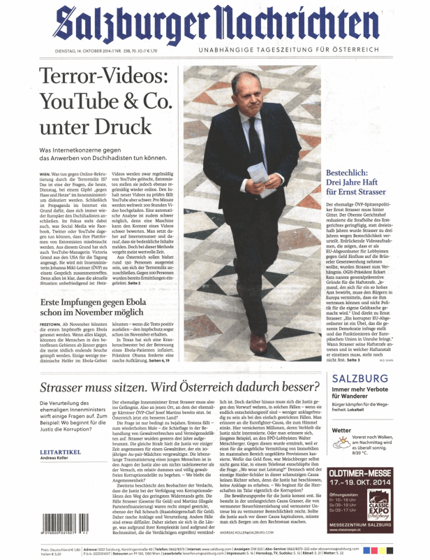 Titelseite der Salzburger Nachrichten vom 14. Oktober 2014.