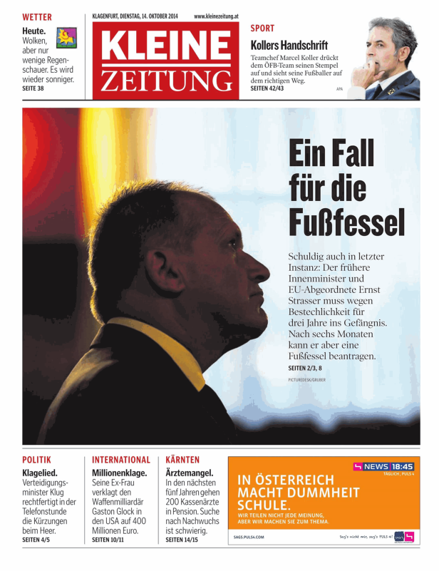 Titelseite der Kleinen Zeitung vom 14. Oktober 2014 mit dem Titelthema „Ein Fall für die Fußfessel“.