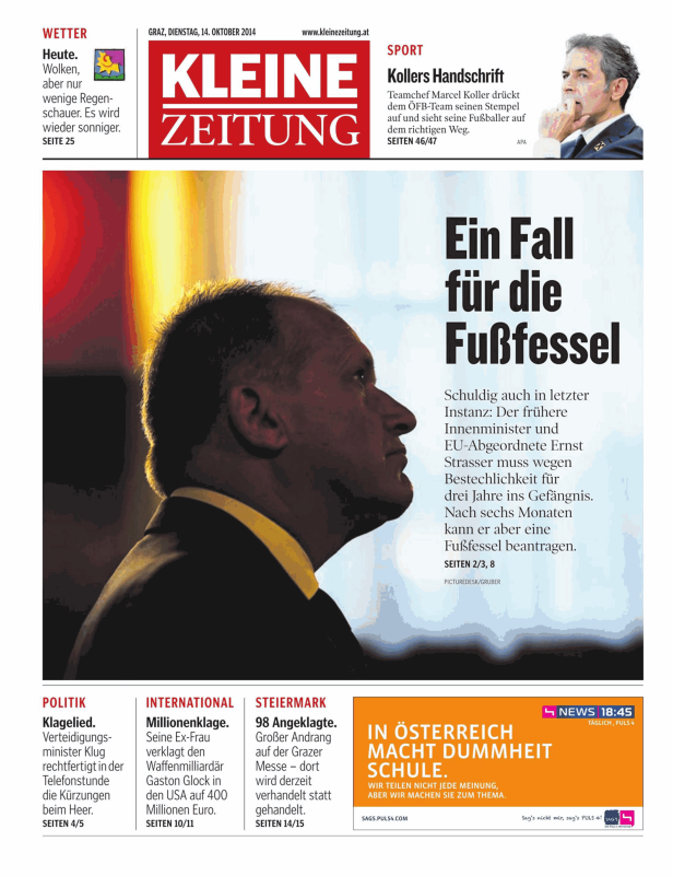 Titelseite der Kleinen Zeitung vom 14. Oktober 2014 mit Artikeln zu Politik, Sport und Steiermark.