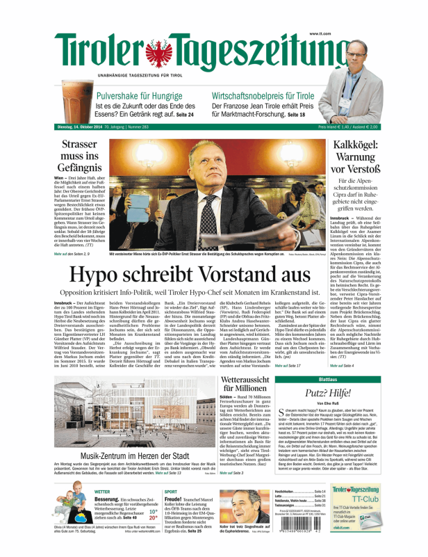 Titelseite der Tiroler Tageszeitung vom 14. Oktober 2014.