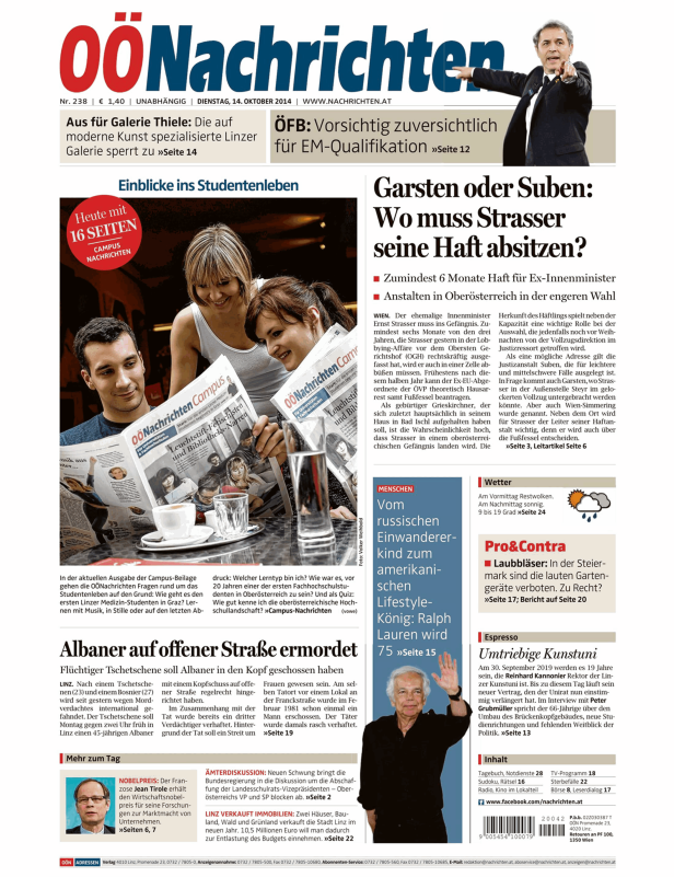 Titelseite der OÖNachrichten vom 14. Oktober 2014 mit Artikeln zu verschiedenen Themen.