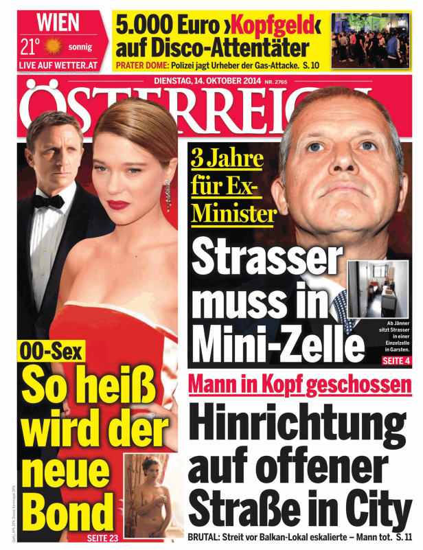 Titelseite der Zeitung „Österreich“ vom 14. Oktober 2014 mit Daniel Craig und Léa Seydoux.