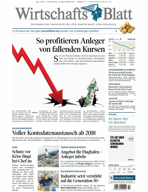 Titelseite des WirtschaftsBlatt vom 14. Oktober 2014 mit Artikeln zu Wirtschaft und Finanzen.
