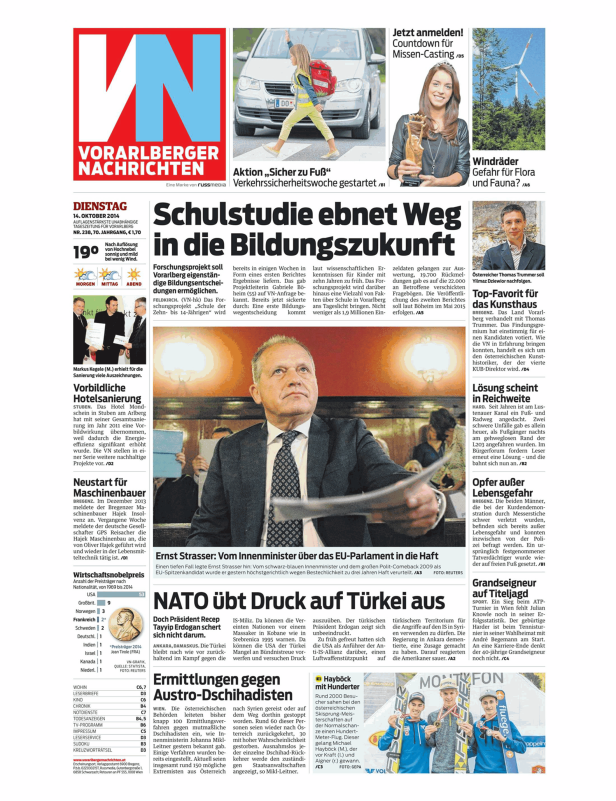 Titelseite der Vorarlberger Nachrichten vom 14. Oktober 2014.
