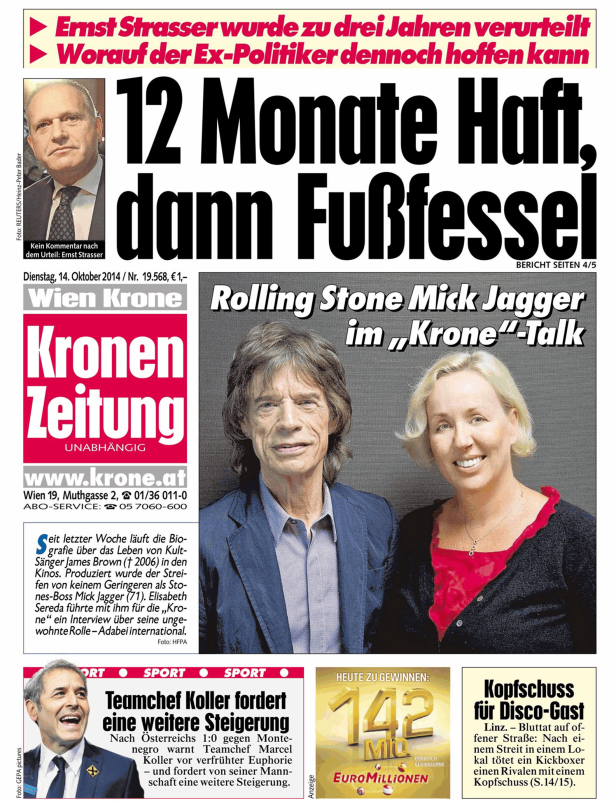 Mick Jagger im „Krone“-Talk mit Elisabeth Sereda, laut Zeitungsausschnitt.