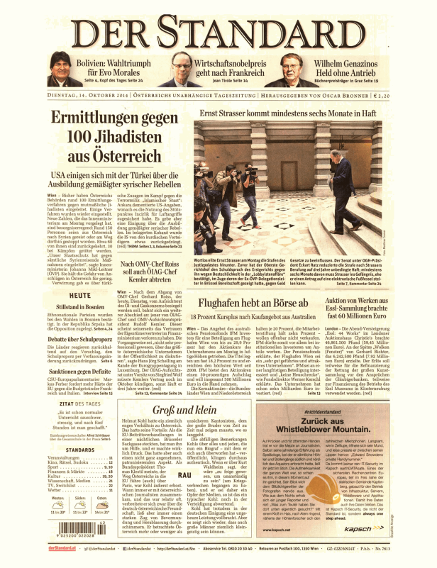 Titelseite der Zeitung Der Standard vom 14. Oktober 2014.
