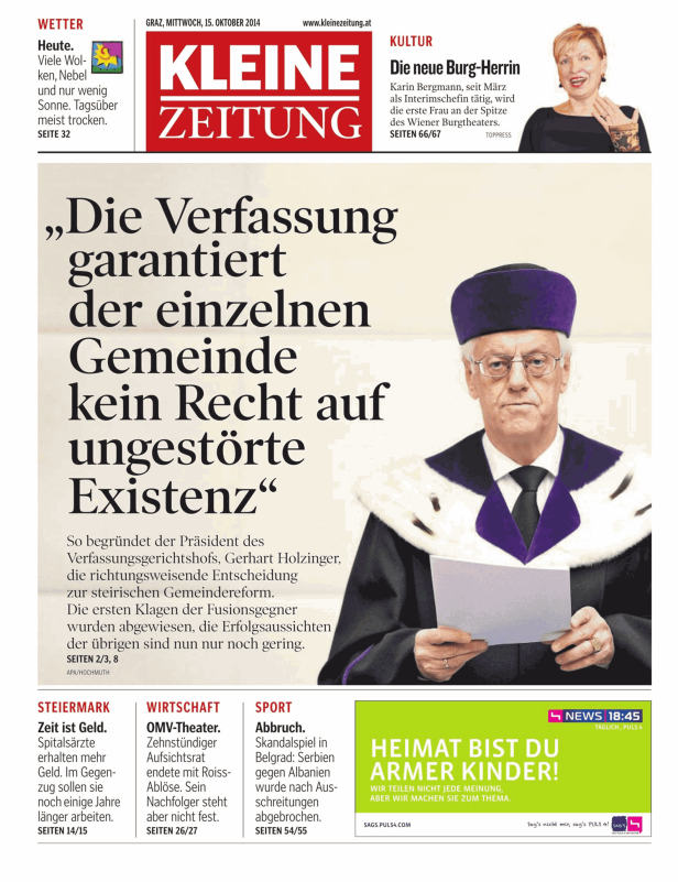 Titelseite der „Kleinen Zeitung“ vom 15. Oktober 2014 mit Gerhart Holzinger.